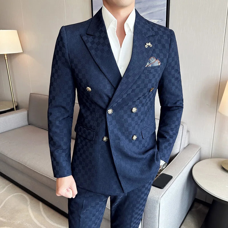 JacketPants Checkered Double Breasted Suit 2 Pieces Fashion Business Slim Fit Social Formal Evening Dress 5XLM 250807