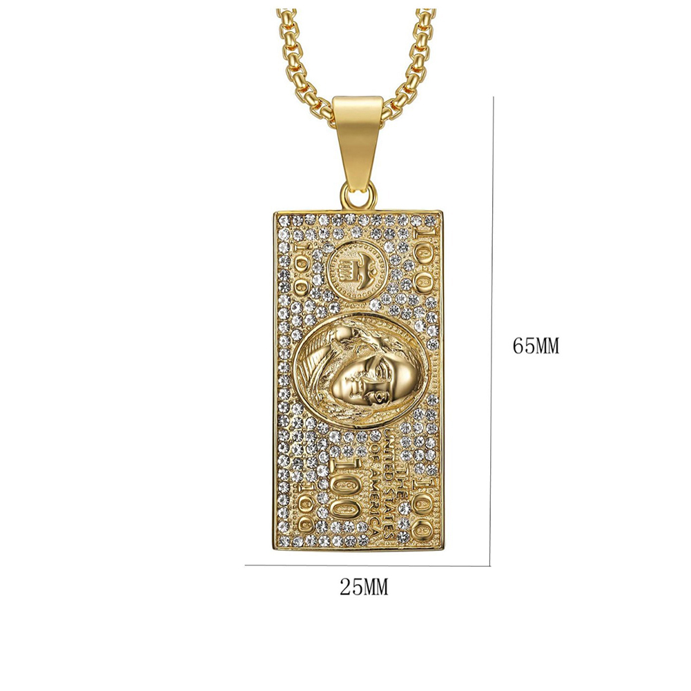 Hip Hop Hundred Dollars Pendant Necklace Stainless Steel Gold Plated Jewelry