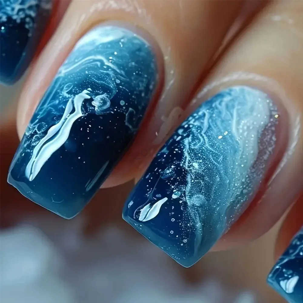 24Pcs Deep Ocean Square Full Cover Fake Nails Short Blue Wave Press-on Nails with Glue Gradient Acrylic False Nail Manicure Tips Z250807