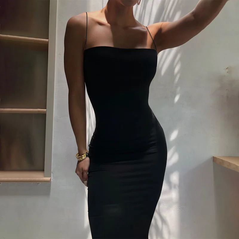 Summer Black Sexy Dres Streetwear Sleeveless Backless Solid Spaghetti Strap Bodycon Casual Clubwear Elegant Party Dresses 250807