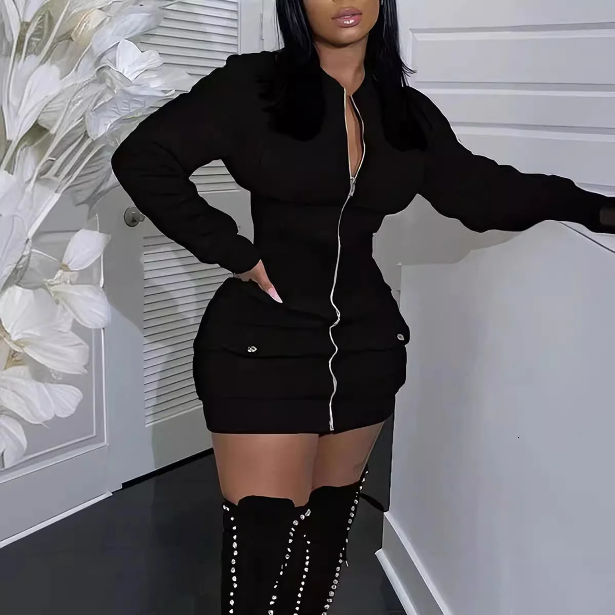 Fashion Long Sleeve Zipper Black Mini Dress Women 2025 Autumn Winter Sexy Bodycon Dresses For Women Robe Femme 250728