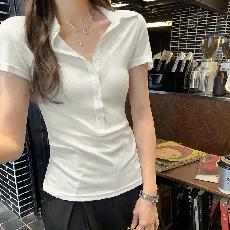 2025 Summer Polo Collar Womens Tshirts Solid Buttons Short Sleeve Bottom Korean Shirts Slim Knitwear Tops Female 250729