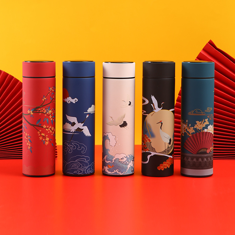 17oz 1pc Chinese Style Thermal Bottle Retro Smart Temperature Display Insulated Cup 17 oz Stainless Steel Tumblers Water Bottles 500ML W260226