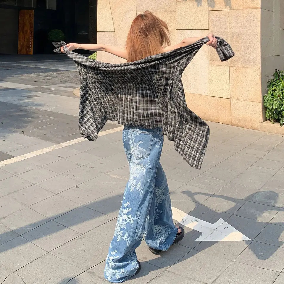 Womens Fashion Straight Jacquard Casual Denim Pants Arrival Female Wideleg Jeans Trendy Trousers 250807