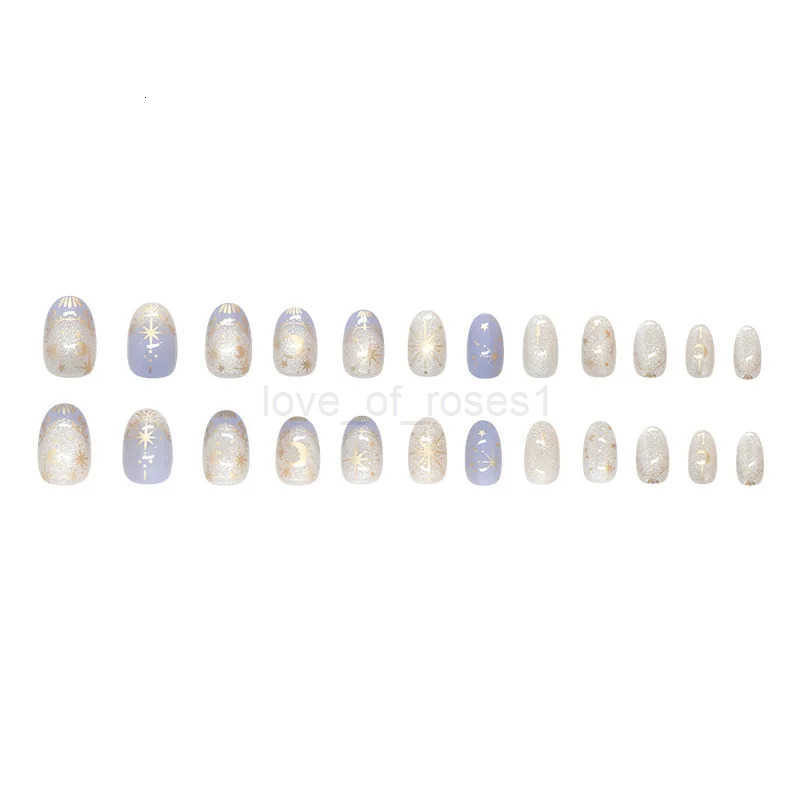 24pcs Romantic Y2k Star Press On Nails Gradient Blue French Style Gold Moon Designs Fake Nails Sweet Almond False Nails For Women Z250806