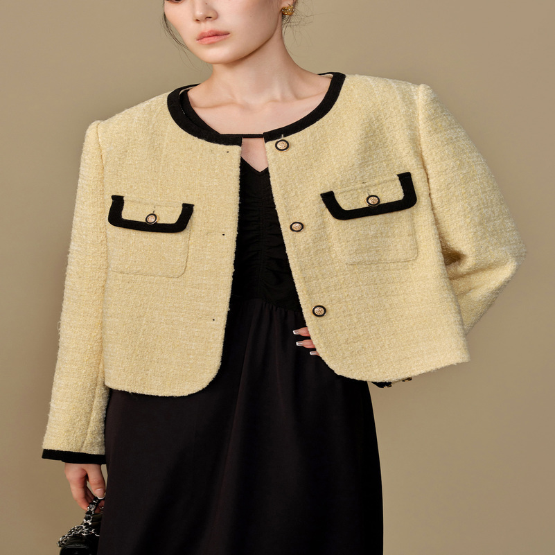209% Wool Women Short Tweed Jacket Light Yellow Gentle Style Female Winter Thickened Single Breasted Coats 24DS84418 w250728
