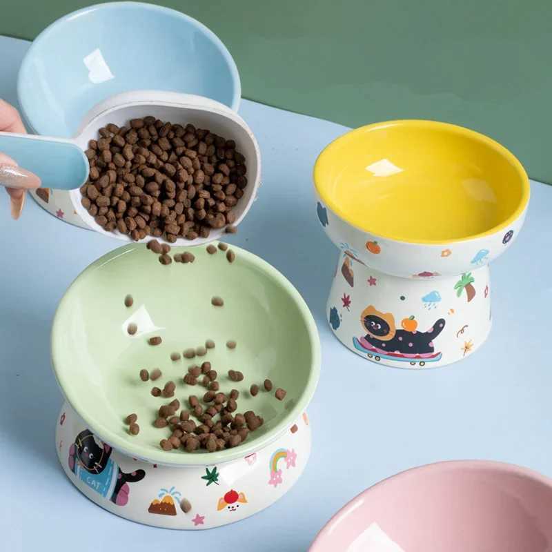Fashion Creative Black Cat Series Pet Feeder Cute Cartoon Ceramic Bowl High Footed Cat Dog Food Drinking Bowl Dog Accessories Y250806