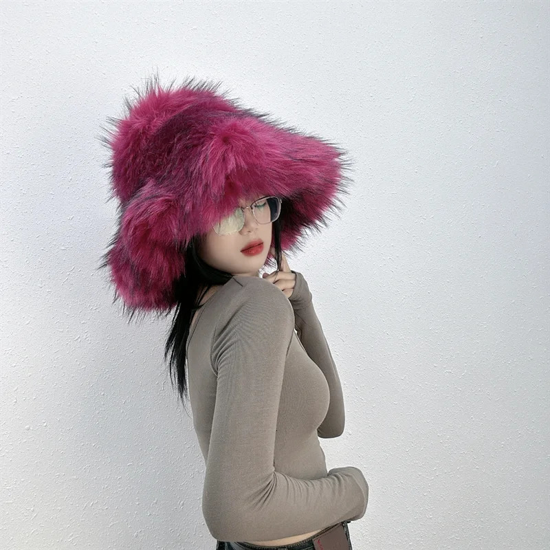 Winter Women Faux Fur Bucket Hat Warm Raccoon Fur Hat Oversize Outdoor Punk Hat Girl Fashion Long Fur Bucket Hat Furry Cute Cap 250806