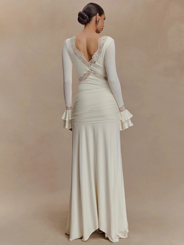 Mozision Autumn Long Sleeve Sexy Maxi Dress For Women Fashion Lace Patchwork V Neck Backless Draped Ruched Club Party Long Dress 250728