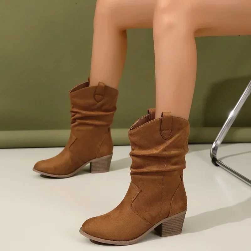 2024 Autumn New Women Pleated High Heeled Ankle Boots Pointed Toe Brown Cowboy Boots Women Pu Leather Boots Shoes Plus Size 42 XJ250807