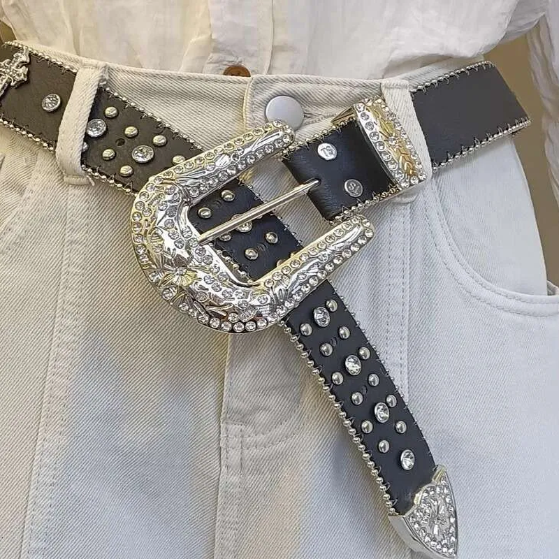 Wide Waistband Jeans Belt Rhinestone Inlaid Decoration Fashion Versatile Cross Ultra-fiber Faux Leather Unisex