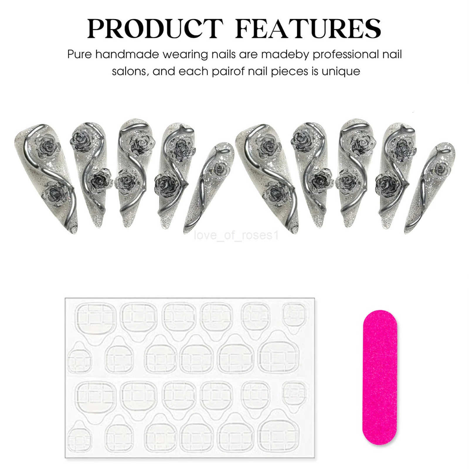 10pcs Long Stiletto Press On Nails Handmade 3D Silver Rose Flower Decor False Nail Tips Transparent Sequins Removable Fake Nails Z250807