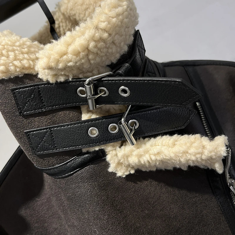 BSK TRAF autumn and winter womens fashion classic style lapel loose zipper decoration warm lamb fur jacket 250804