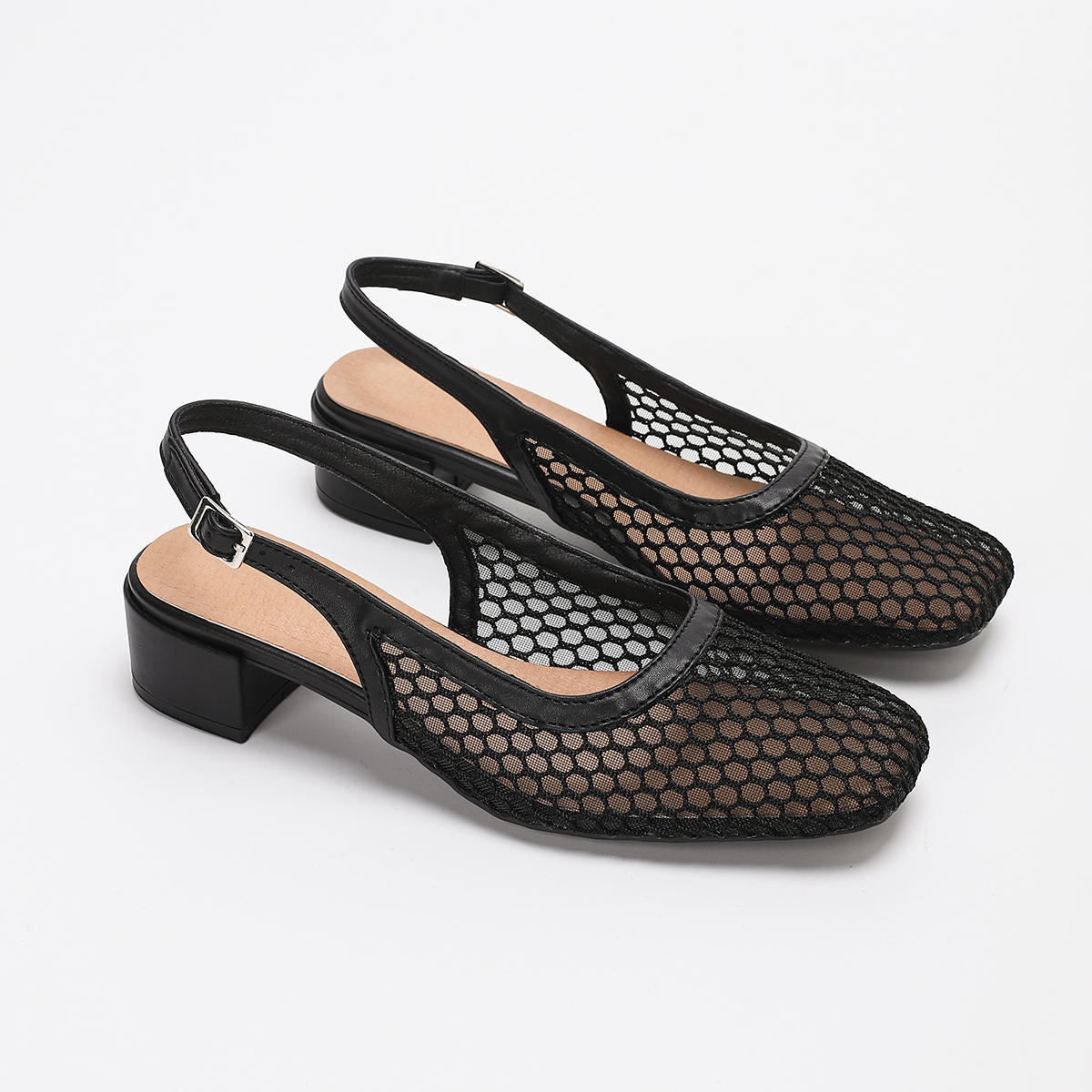 Sandals Women Shoes Stylish square toe casual party/Office buckle breathable solid color perforated mesh high heels