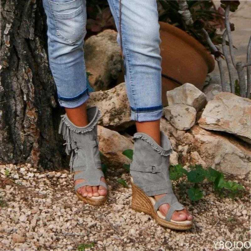 34-43 Size Summer Ladies Sandals Plus Size Womens Shoes Platform Wedge Tassel Shoes Closed Toe Fish Mouth Womens Shoes XJ250807