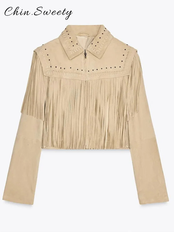 Casual Retro Tassels Beading Short Jacket Women Loose Solid Lapel Full Sleeve Zipper Coats 2025 Spring Lady High Street Coat 250804