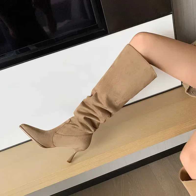 Women Pointed Toe Thin High Heels Ankle Boots Autumn Fi Pleated Cowboy Women Faux Suede Woman Slip Warm Boots XJ250807