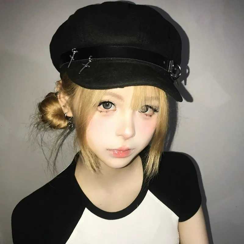 Fashion Womens Y2k Hats Sweet Cool Girls C Metal Cross Street Military Hat Black Gothic Octagonal Hat Painters Beret Cs XJ250807
