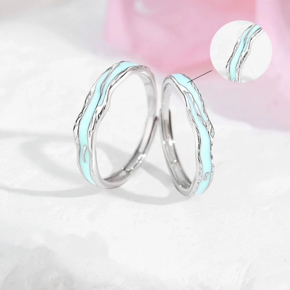 Couple Rings 925Sterling Silver Enamel Glow in Dark Adjustable Promise Rings Unique Band Gift for Valentine Anniversary 250730