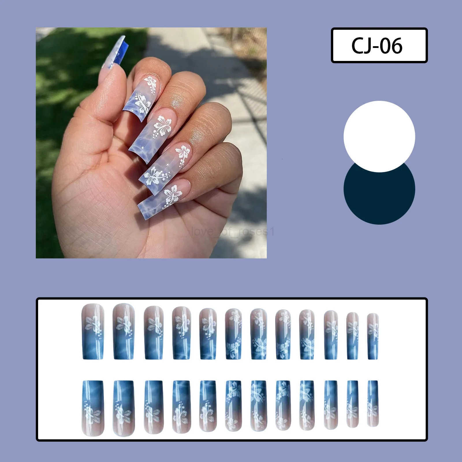 24pcs Y2K Summer Sea Blue Gradient Fake Nails with Water Ripples Designs Long Square Coffin False Nails Set Press On Nail Tips Z250807