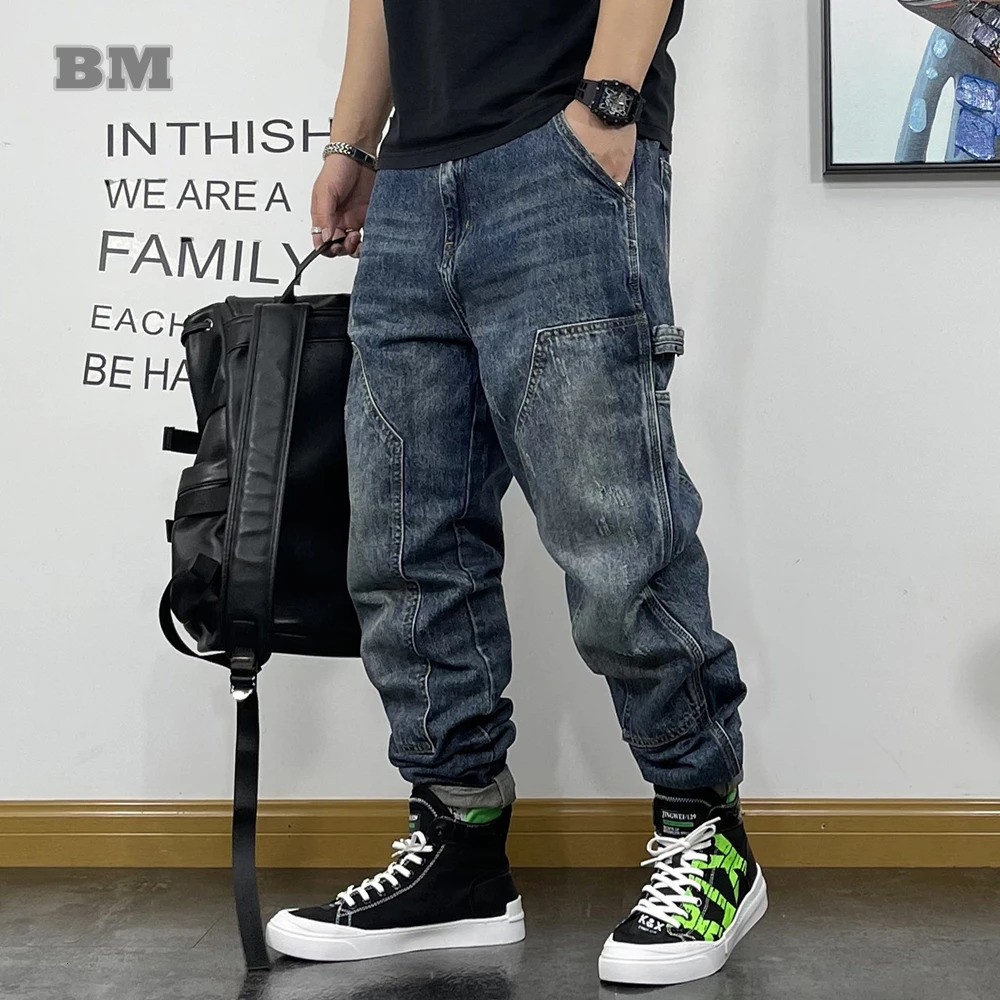 American Fashion Hip Hop Cargo Jeans Streetwear Skateboard Harem Trousers Men Clothing Japanese Harajuku Denim Casual Pants Male 250805