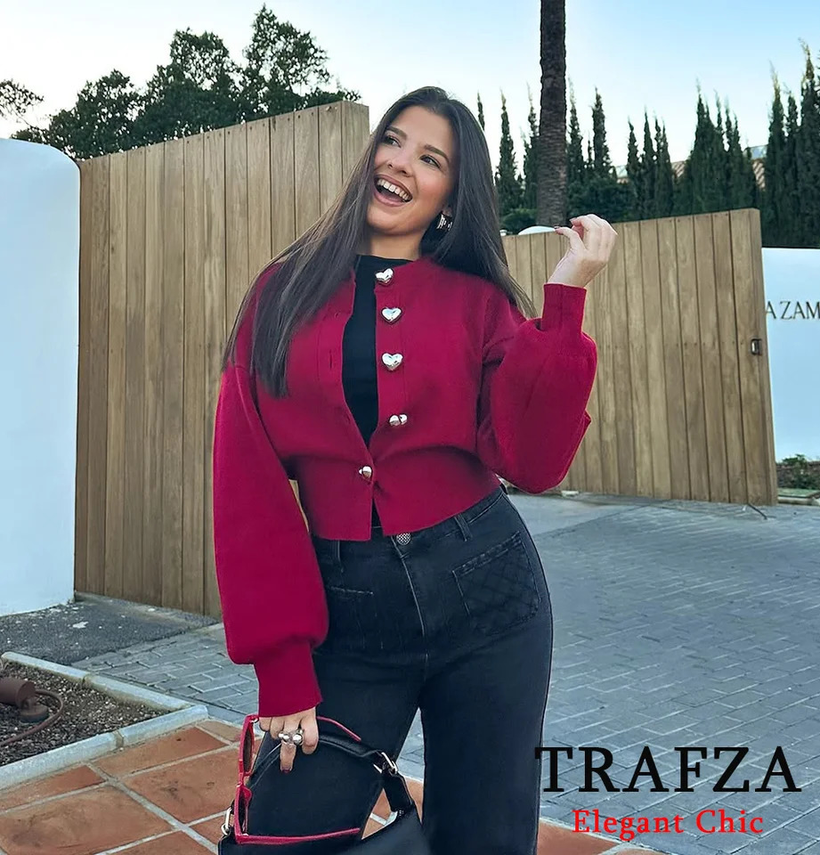 TRAFZA Women Elegant Red Knit Cardigan Heart Buttons Sweater Spring Fashion High Street Casual Romantic Sweater 250801