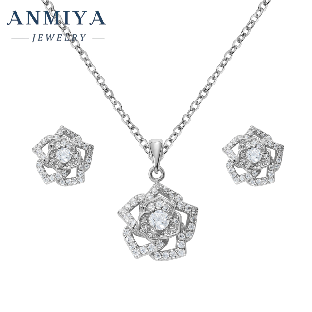 Women White or Rose Gold Plated White Zircon Roses Flowers S925 Necklace and Earrings Set Dubai Gold Jewelry Set