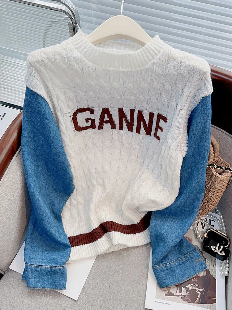 Denim Patchwork Sleeves Sweater Womens Autumn Spring Loose Korean Version Letter Ins Casual 250728