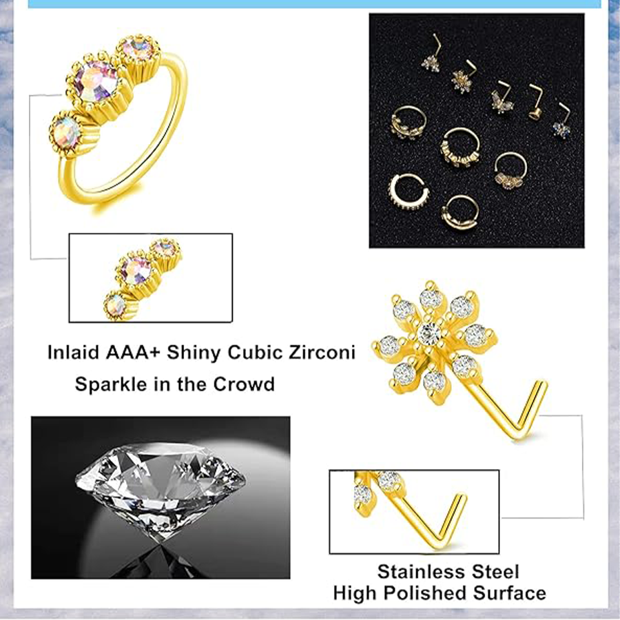 10Pcs Nose Ring Hoop Paved Flower Leaf Butterfly Feather CZ Cartilage Earrings Nose Piercing Jewelry for Women Men Gold Tone 20G