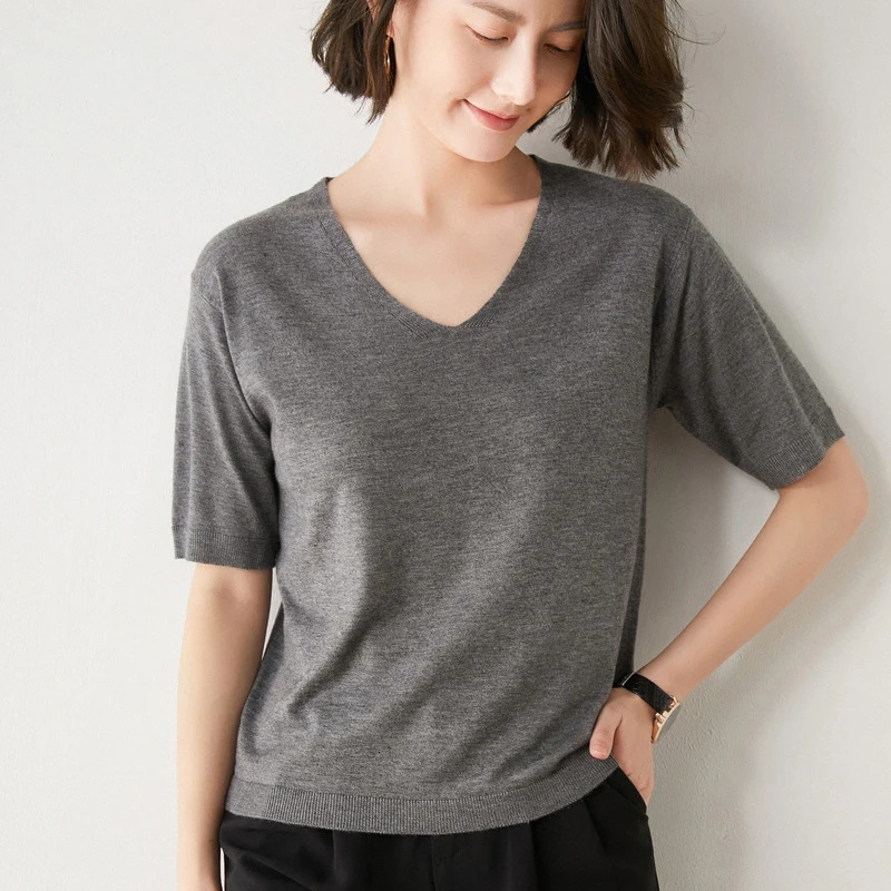 Arrival Summer Cashmere Wool Sweater Spring Summer Women Solid Short Sleeve V-neck Pullovers Knitted Sweaters 250801
