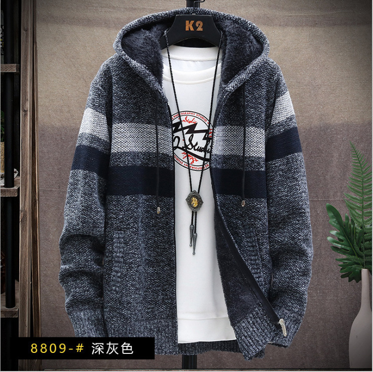 2025 men's jacket autumn and winter new products men's plus velvet thick color matching hooded sweater jacket jacket