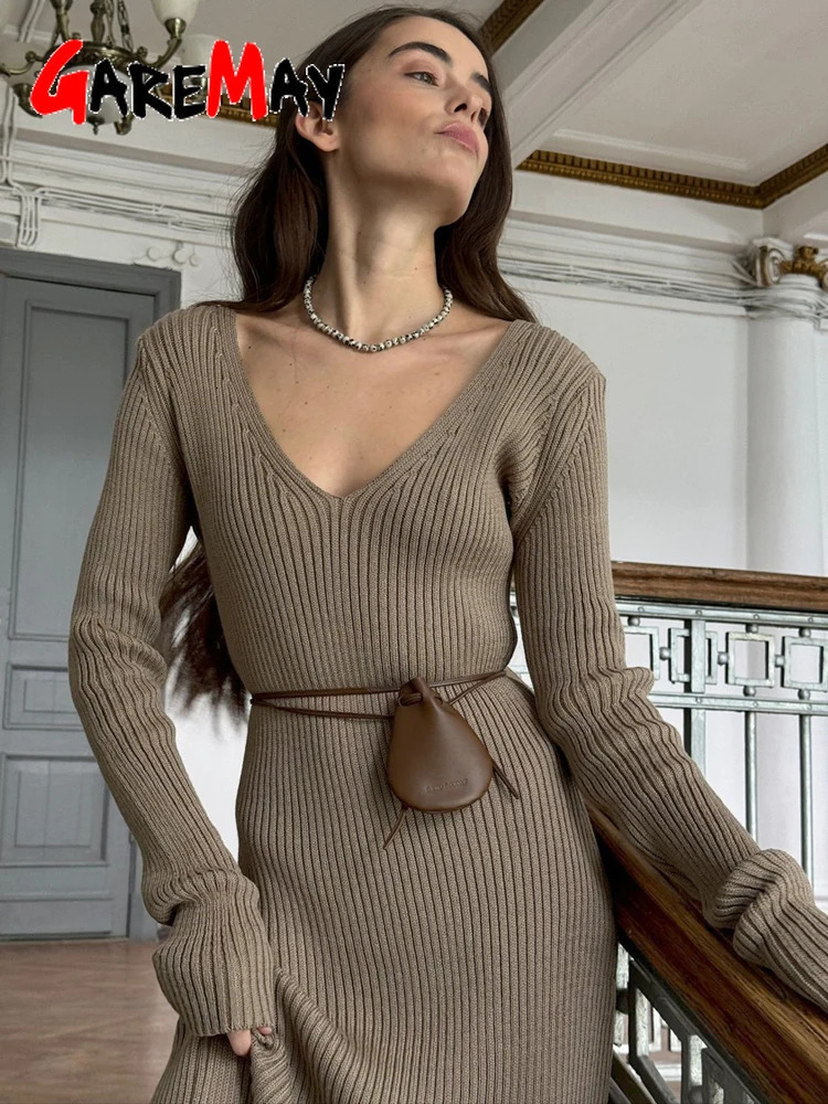 Winter Warm Womens Knitted Dress Elegant V Neck Thick A-line Dress Brown Long Sleeve Vintage Midi Casual Dresses for Women 250804