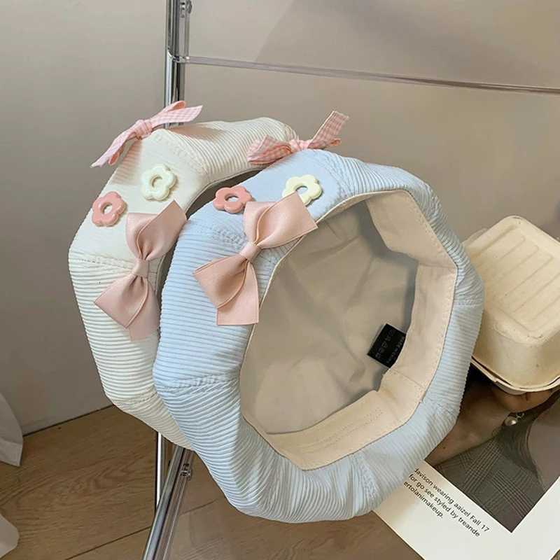 RICYGVM Korean Girl Beret Bow Flower Button Decor Octagonal Hat Japanese Artist Painter C Sweet Women Berets Beanies Bonnet Hat XJ250807