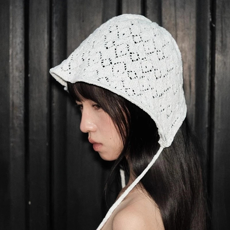 Korean Version Simple Lace-up Solid Color Bucket Hat Spring and Summer Thin Breathable Hollow Lace-up Beanie Cap for Womens 250805