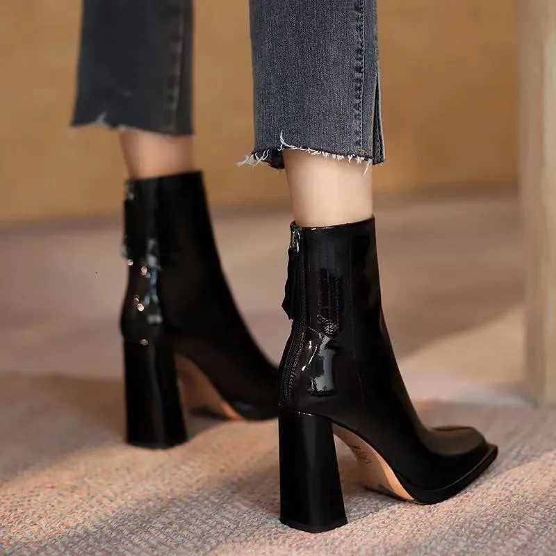 2025 New Autumn Winter Ankle Boots Women High Heel Boots Thick Heel Short Boots Square Shoes Black Shoes XJ250807