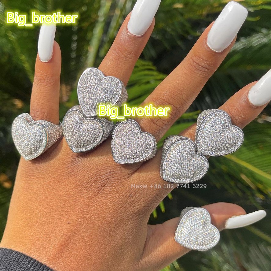 Luxury Iced Out CZ Gold Big Heart Ring White Hip Hop 18k Gold Silver Plated Women Heart Rings