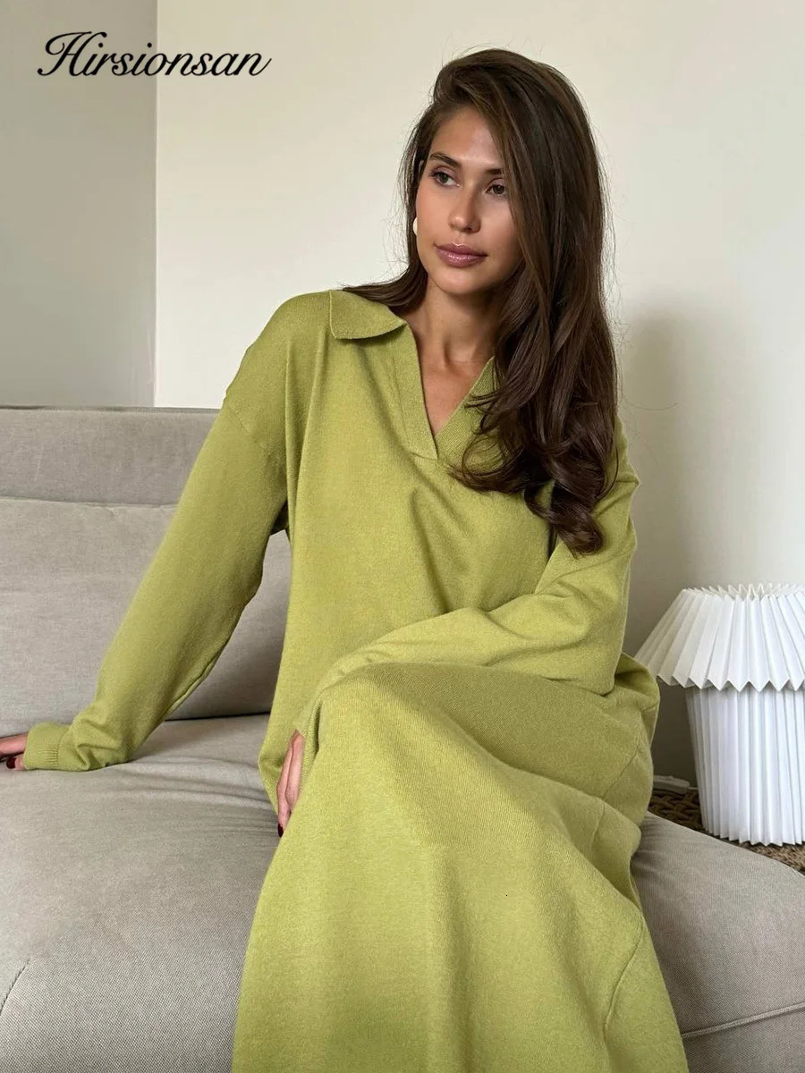 Hirsionsan Long Sleeve Autumn Winter Loose Polo Neck Sweater Dresses Women Soft Elegant Solid Knit Dress Female 2025 Clothes 250806
