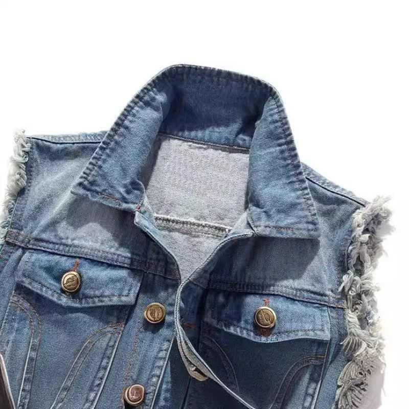 Denim Vest for Men Korean Style Slim Light Blue Horse Clip Vest Ripped Denim Vest Top Mens Fashion 250804