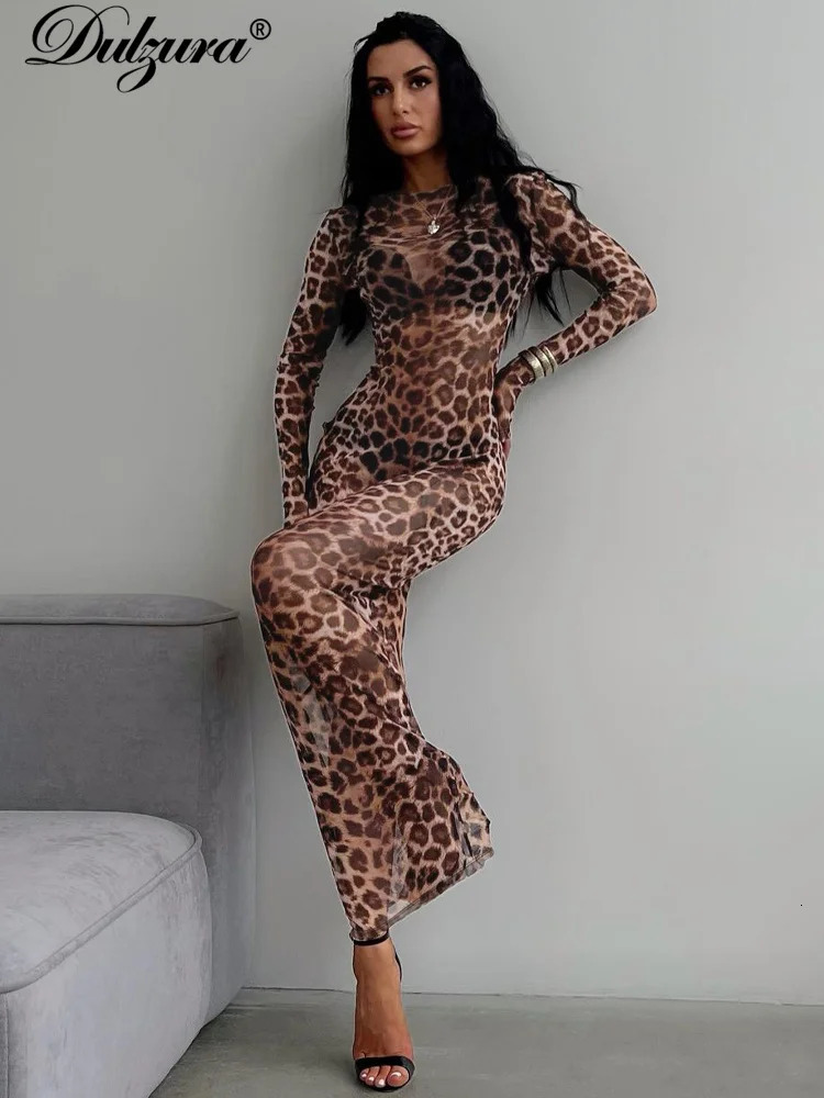 Dulzura Sexy Elegant Maxi Dress Printed Leopard Long Sleeve Dresses Women Clothes Y2K Lady Party Club Streetwear Holiday 250805