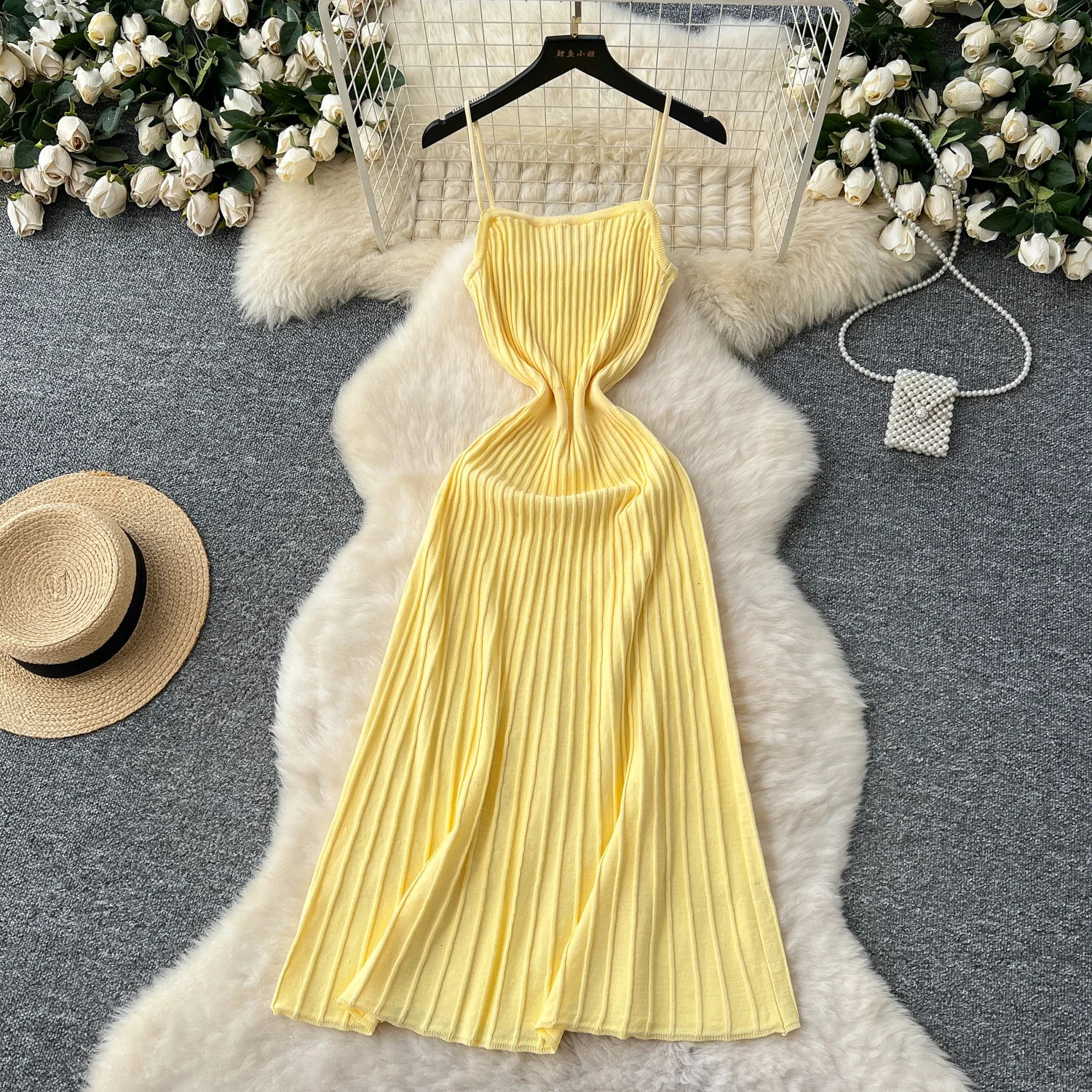 Summer Knit Spaghetti Strap Dress Sleeveless Elastic Waist Slim Simple Style Gentle Casual A Line Female Maxi Long 250807