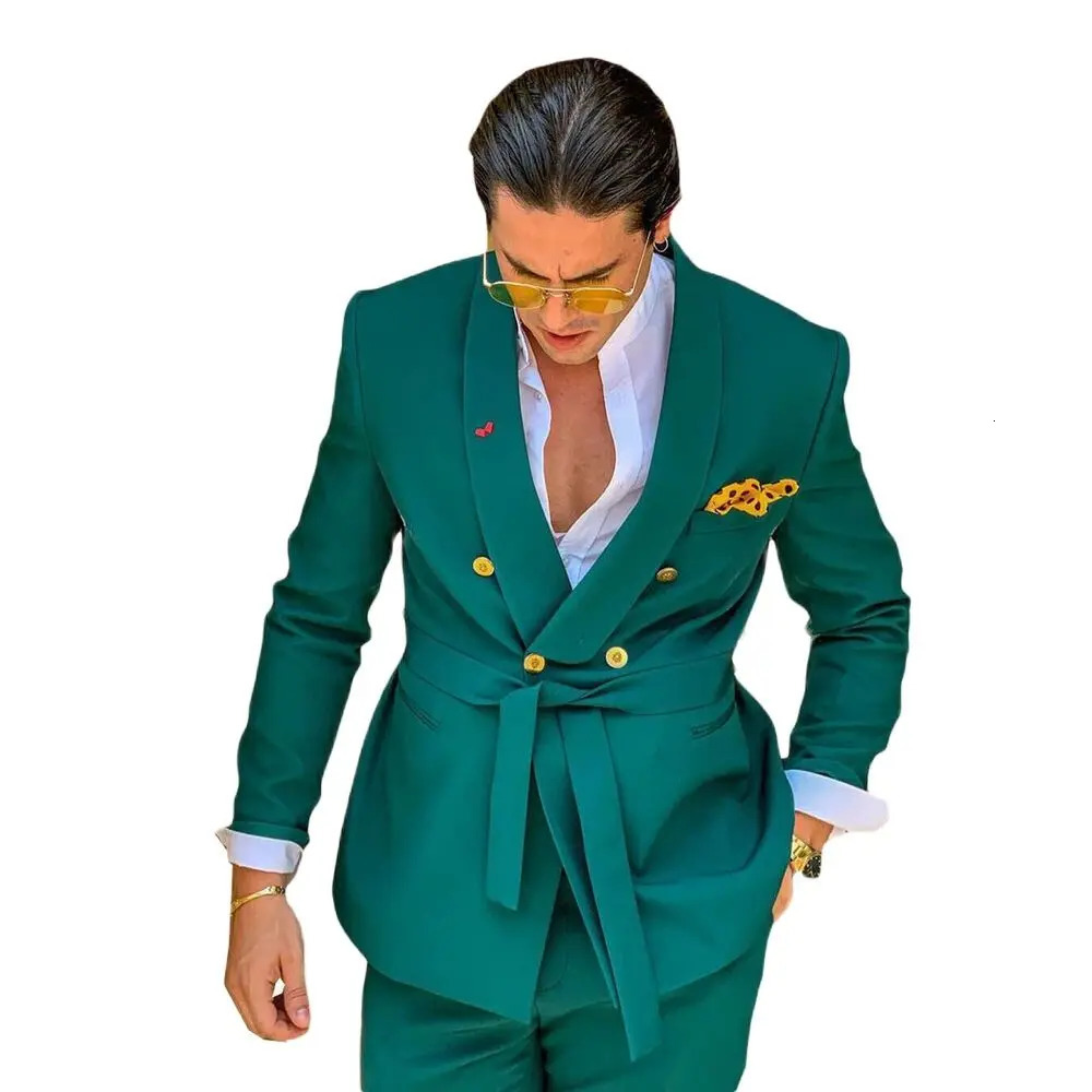Green Men Suits Slim Fit Double Breasted Shawl Lapel Formal Wedding Tuxedo Set Traje Americana Hombre 2PCS y250807