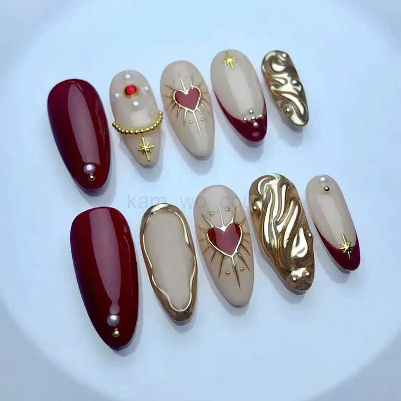 24Pcs 3D Green Ripple Design False Nails Cats Eye French Almond Fake Nail Tips with Leaves Pattern Removable Oval Press on Nails M250806