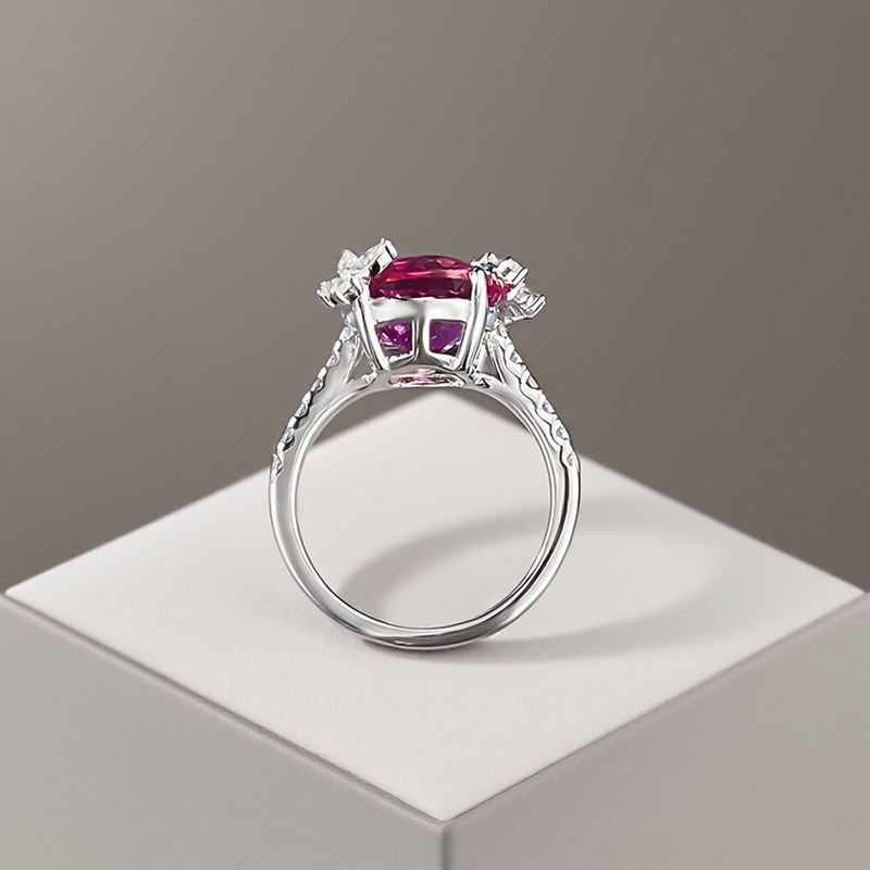 Hui Zhi Wing Jewelry S Pure Silver Inlaid 10mm Round Colorful Gemstone Rose Embellished Ring for Women Light Luxury High-end Party Style