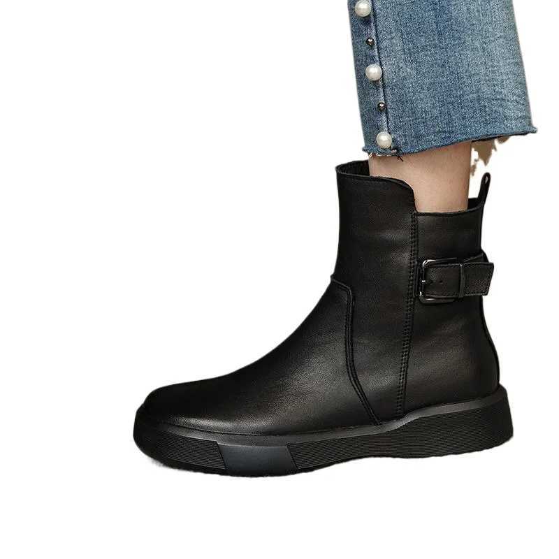 2024 Autumn/Winter New Thick Soled Casual High Top Buckle Round Toe Flat Bottomed Womens Short Boots XJ250807