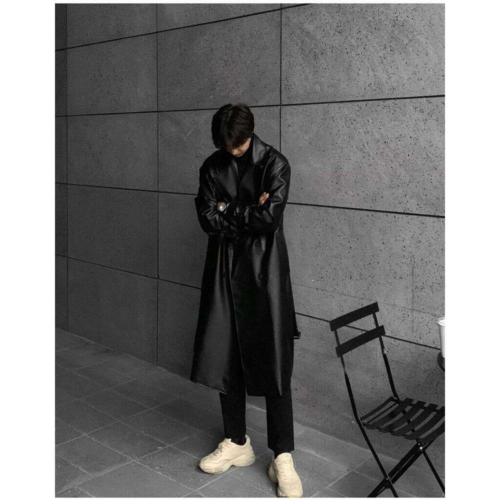 Men's Clothing Solid Color Long Leather Loose Trench Fashion Coat