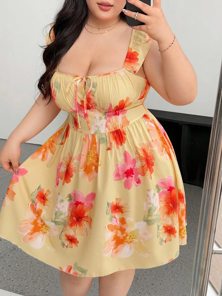 Plus Size Fly Sleeve Flower Chest Cup Dress A Hem Short Printed Beach Square Neck Casual 250807