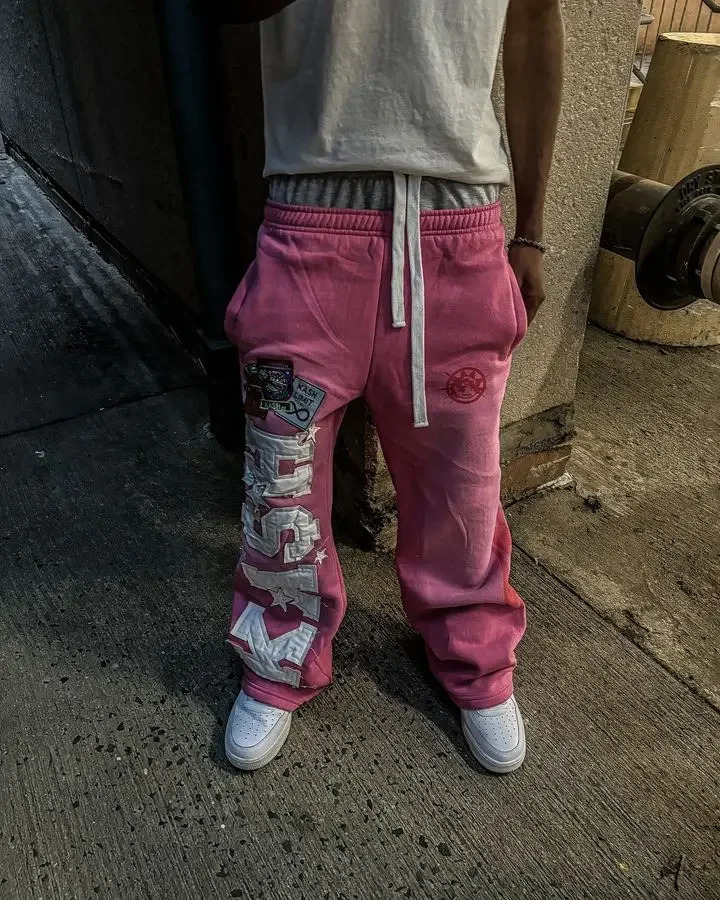 Pink Double Layer Sweatpants Y2K Mens Womens Gothic Hip Hop Letter Patch Retro Baggy Pants Casual Elastic Waist Jogging Pants 250806