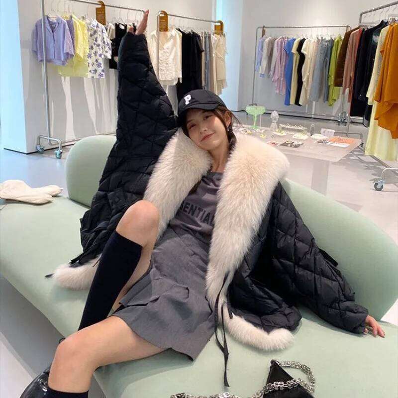 Designer Clothing 2025 Brand Winter Women Big Faux Fox Fur Collar Fluffy Loose Puffer Jacket Parkas Windproof Coat Snow Outerwear Warm