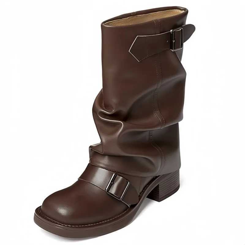 2025 Autumn New Pleated Buckle Knight Boots For Women Mid Calf Boots Slip On Casual Cool Girls Thick Heel Riding Botas Mujer XJ250807