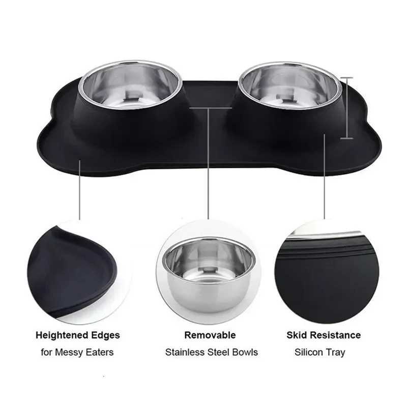 Antislip Double Dog Bowl With Silicone Mat Durable Stainless Steel Water Food Feeder Pet Feeding Drinking Bowls for Dogs Cats Y250806
